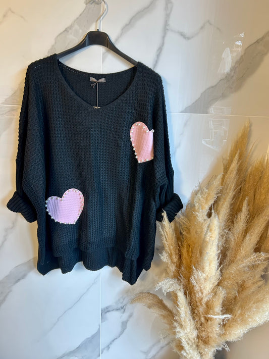 Pull Oversize en Grosse Maille – Cœur Rose Perlé