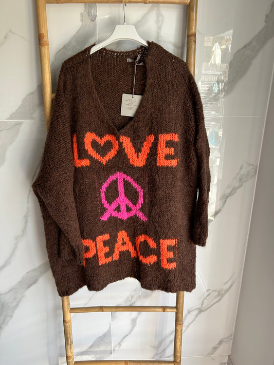 Pull oversize Peace & Love – Marron